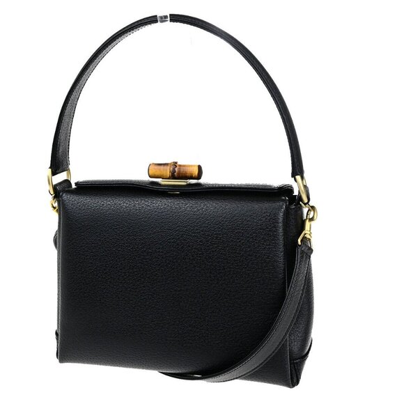 GUCCI Logo Bamboo 2Way Shoulder Hand Bag Leather Black GHW Italy - Picture 1 of 15